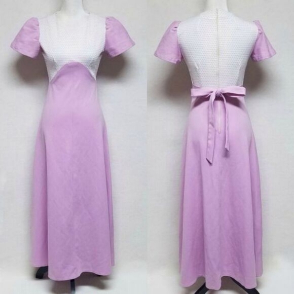 Vintage 1960s Lilac Swiss Dot Handmade Short Sleeve Tie Waist Maxi Dress S - Picture 2 of 13